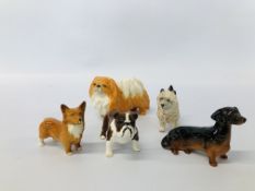 FOUR MINIATURE BESWICK DOGS TO INCLUDE CAIRN TERRIER, DACHSHUND,