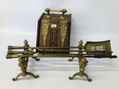 A PAIR OF ANTIQUE BRASS FIRE DOGS WITH THREE PIECE GOOD QUALITY BRASS FIRESIDE COMPANION SET AND