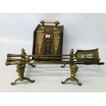 A PAIR OF ANTIQUE BRASS FIRE DOGS WITH THREE PIECE GOOD QUALITY BRASS FIRESIDE COMPANION SET AND