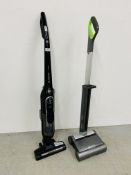 A GTECH AIR RAM 22V CORDLESS VACUUM CLEANER (NO CHARGER) ALONG WITH A BOSCH 18V CORDLESS VACUUM