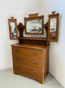 AN ANTIQUE PAINTED PINE 3 DRAWER CHEST WITH TRIPLE MIRROR UPSTAND W 92CM, D 46CM.
