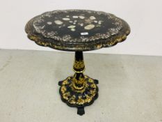 A VICTORIAN PAPIER MACHE GILT DECORATED PEDESTAL OCCASIONAL TABLE INLAID WITH MOTHER OF PEARL A/F