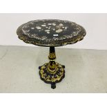 A VICTORIAN PAPIER MACHE GILT DECORATED PEDESTAL OCCASIONAL TABLE INLAID WITH MOTHER OF PEARL A/F