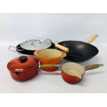 LE CREUSET ORANGE POT ALONG WITH TWO RED LE CREUSET SAUCEPANS ONE HAVING A LID, TYPHOON WOK,