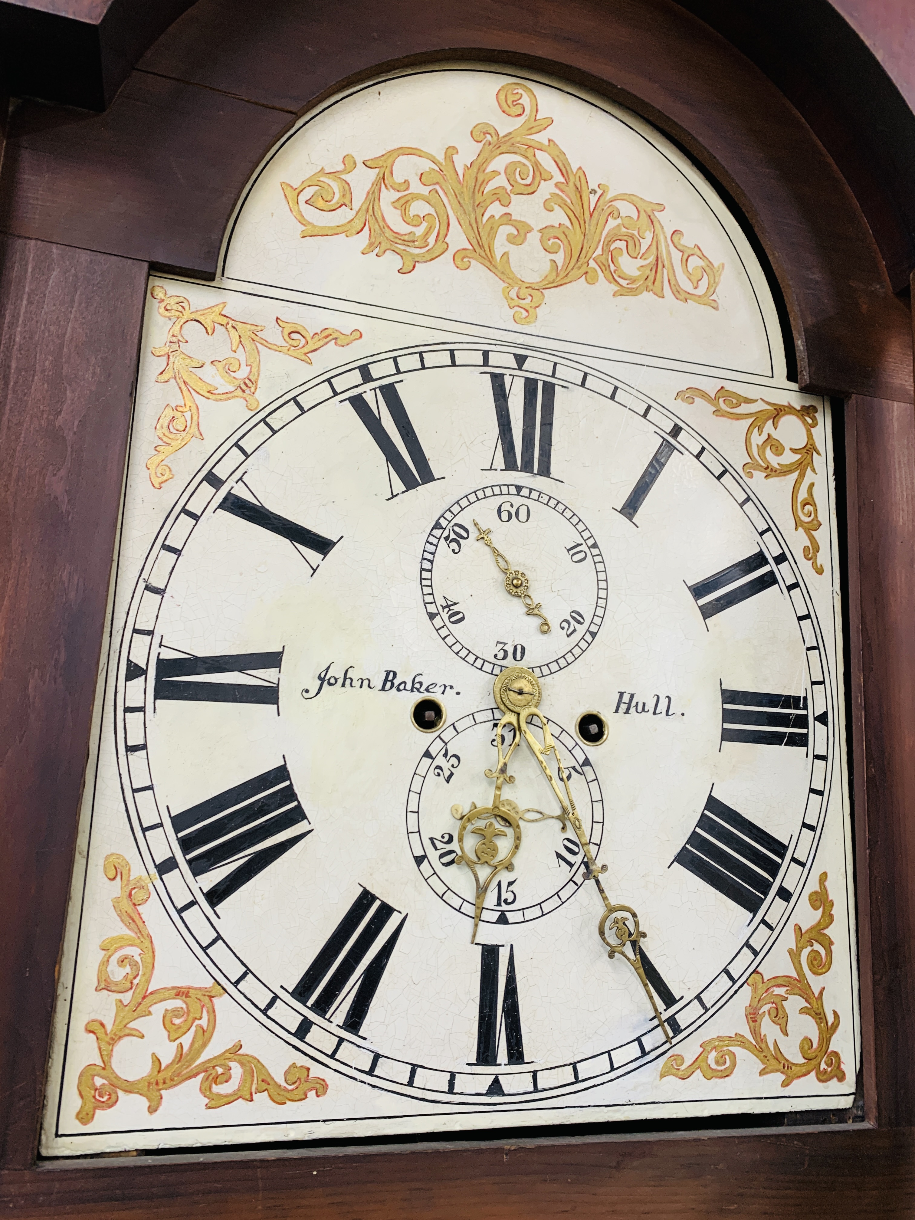 AN ANTIQUE MAHOGANY LONG CASE CLOCK THE HAND PAINTED ARCHED DIAL WITH ROMAN NUMERALS, - Image 13 of 15