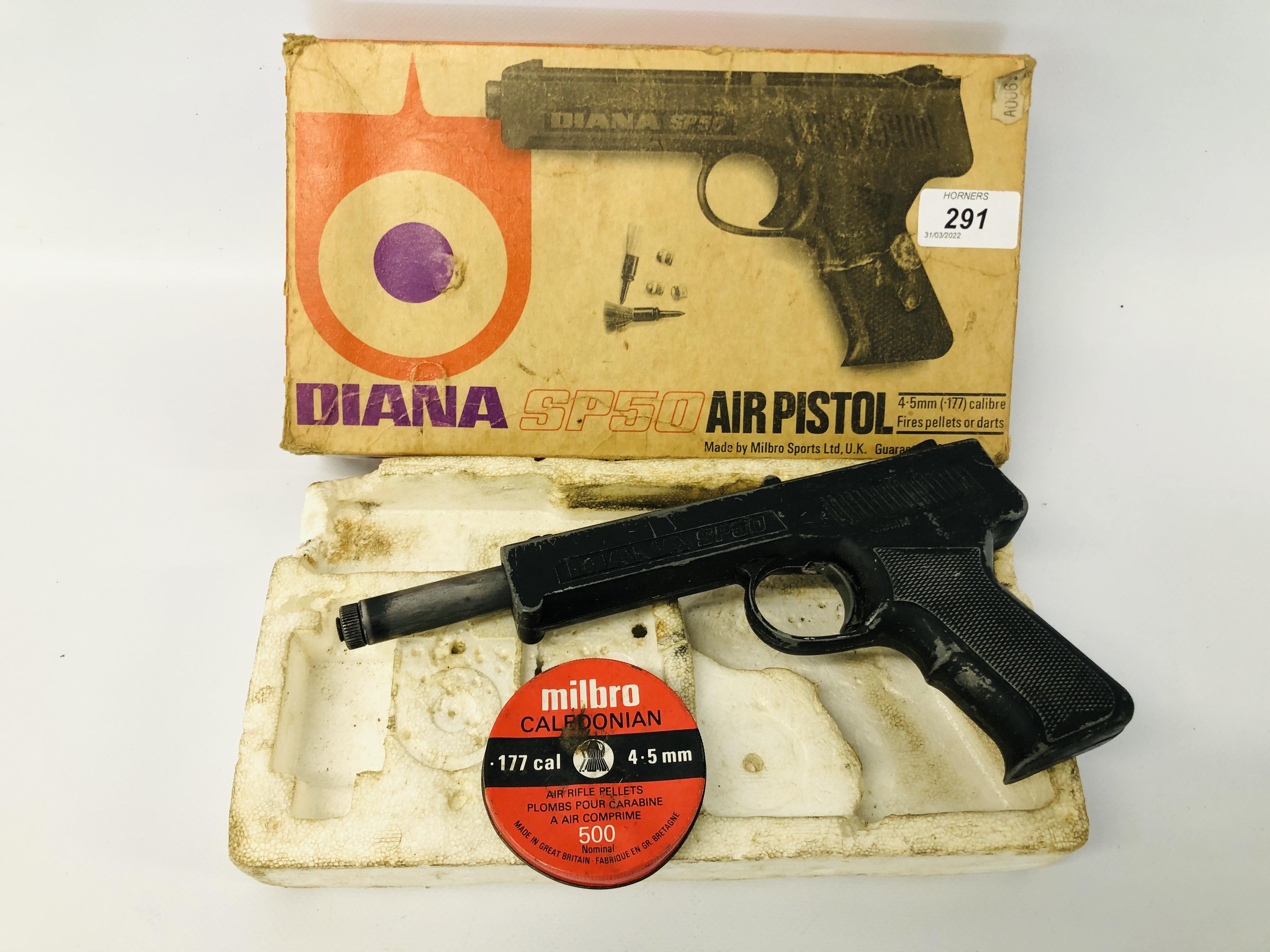 A DIANA SP50 AIR PISTOL IN ORIGINAL BOX + PELLETS - COLLECTION ONLY.