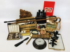 BOX OF VINTAGE COLLECTIBLES TO INCLUDE LOOSE CUTLERY, PAIR OF METAL CRAFT CANDLESTICKS, BINOCULARS,