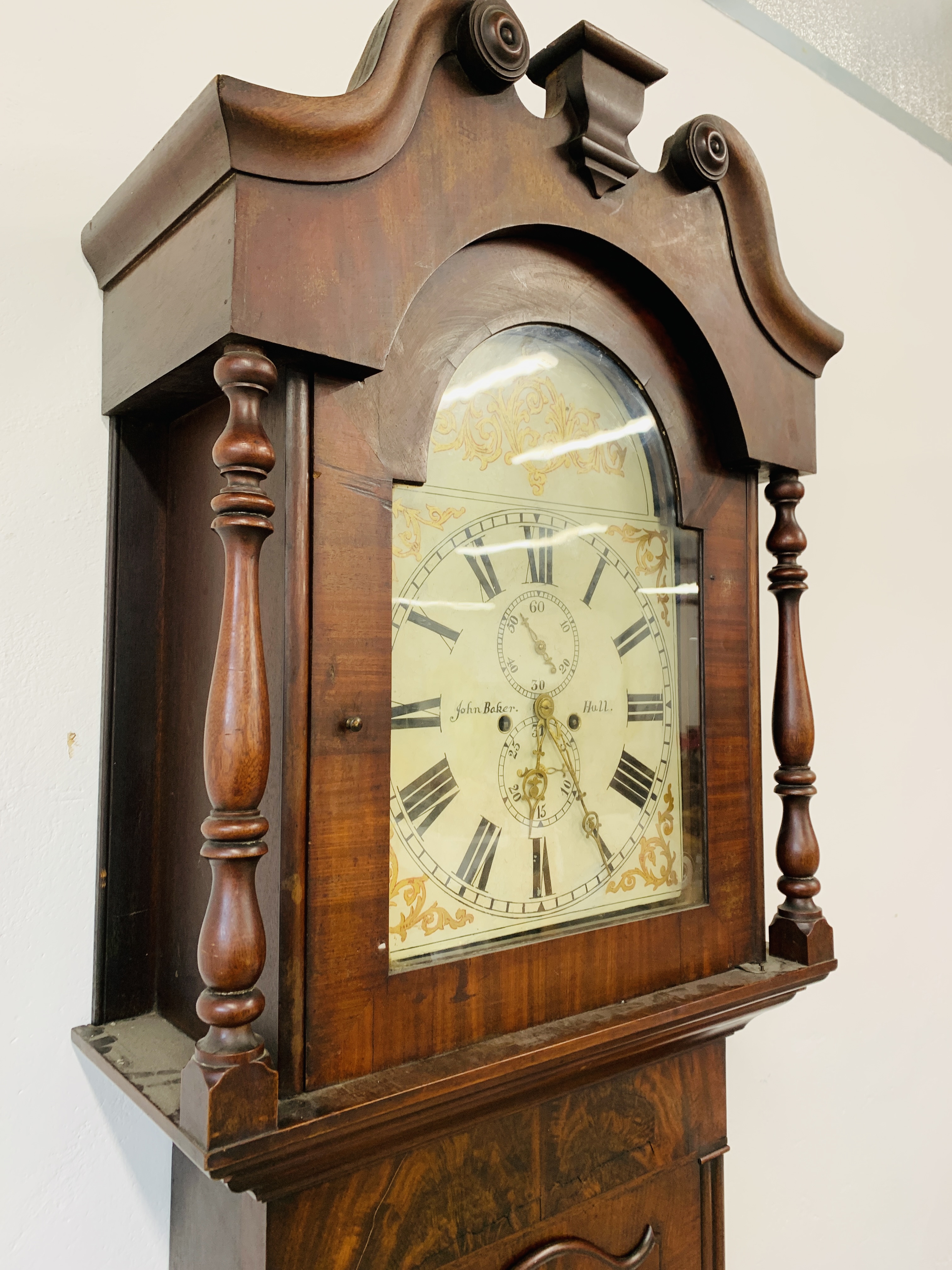 AN ANTIQUE MAHOGANY LONG CASE CLOCK THE HAND PAINTED ARCHED DIAL WITH ROMAN NUMERALS, - Image 9 of 15