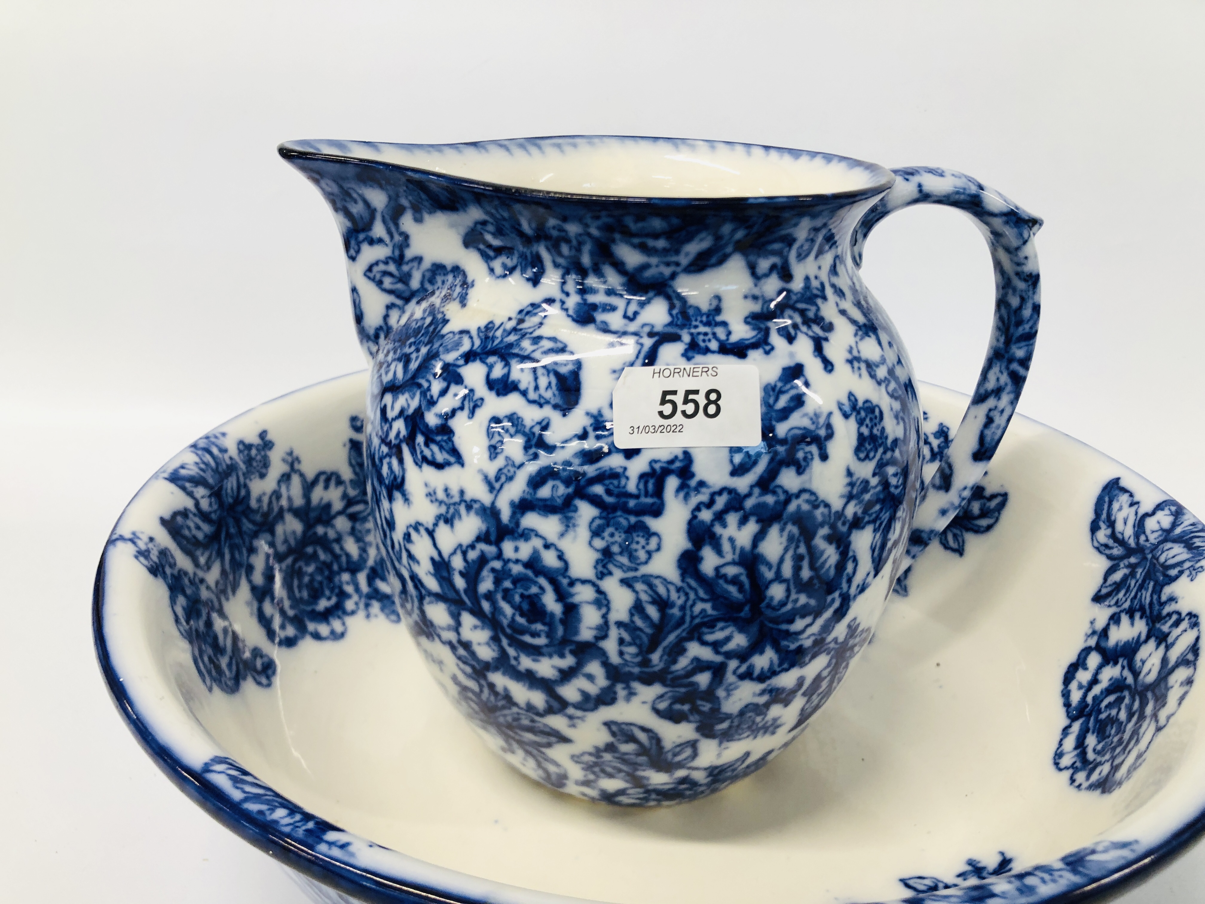 LOSOL WARE "CAVENDISH" BLUE AND WHITE ROSE DECORATED WASH JUG AND BOWL ALONG WITH A "BOOTHS" - Image 7 of 11