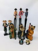 3 CARVED WOODEN CAT MUSICIAN FIGURES HEIGHT 34CM., PAIR OF RESIN GOAT CHARACTER FIGURES HEIGHT 35CM.