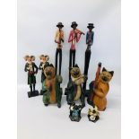 3 CARVED WOODEN CAT MUSICIAN FIGURES HEIGHT 34CM., PAIR OF RESIN GOAT CHARACTER FIGURES HEIGHT 35CM.