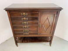 AN EDWARDIAN MAHOGANY SIX DRAWER SHEET MUSIC CABINET WITH CUPBOARD WIDTH 79CM. DEPTH 36CM.