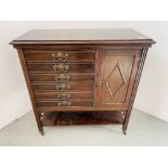 AN EDWARDIAN MAHOGANY SIX DRAWER SHEET MUSIC CABINET WITH CUPBOARD WIDTH 79CM. DEPTH 36CM.