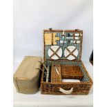 A WICKER PICNIC HAMPER AND ONE OTHER PICNIC BAG.