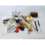 BOX OF ASSORTED MUSICAL INSTRUMENTS TO INCLUDE TRIANGLES, MUSIC STAND, TYRKO SYMBOL, METRO,