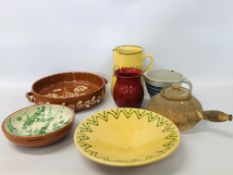 COLLECTION OF STUDIO POTTERY AND TERRACOTTA PLATTERS, BOWLS AND LARGE JUG ETC.