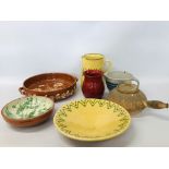 COLLECTION OF STUDIO POTTERY AND TERRACOTTA PLATTERS, BOWLS AND LARGE JUG ETC.