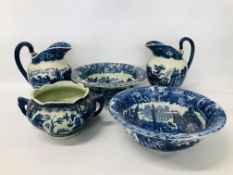 PAIR OF REPRODUCTION BLUE AND WHITE WASH JUG AND BOWLS