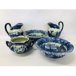 PAIR OF REPRODUCTION BLUE AND WHITE WASH JUG AND BOWLS