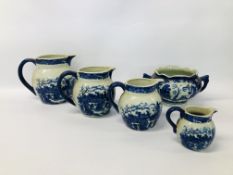 SET OF FOUR GRADUATED BLUE AND WHITE JUG ALONG WITH A SIMILAR TWO HANDLED PLANTER