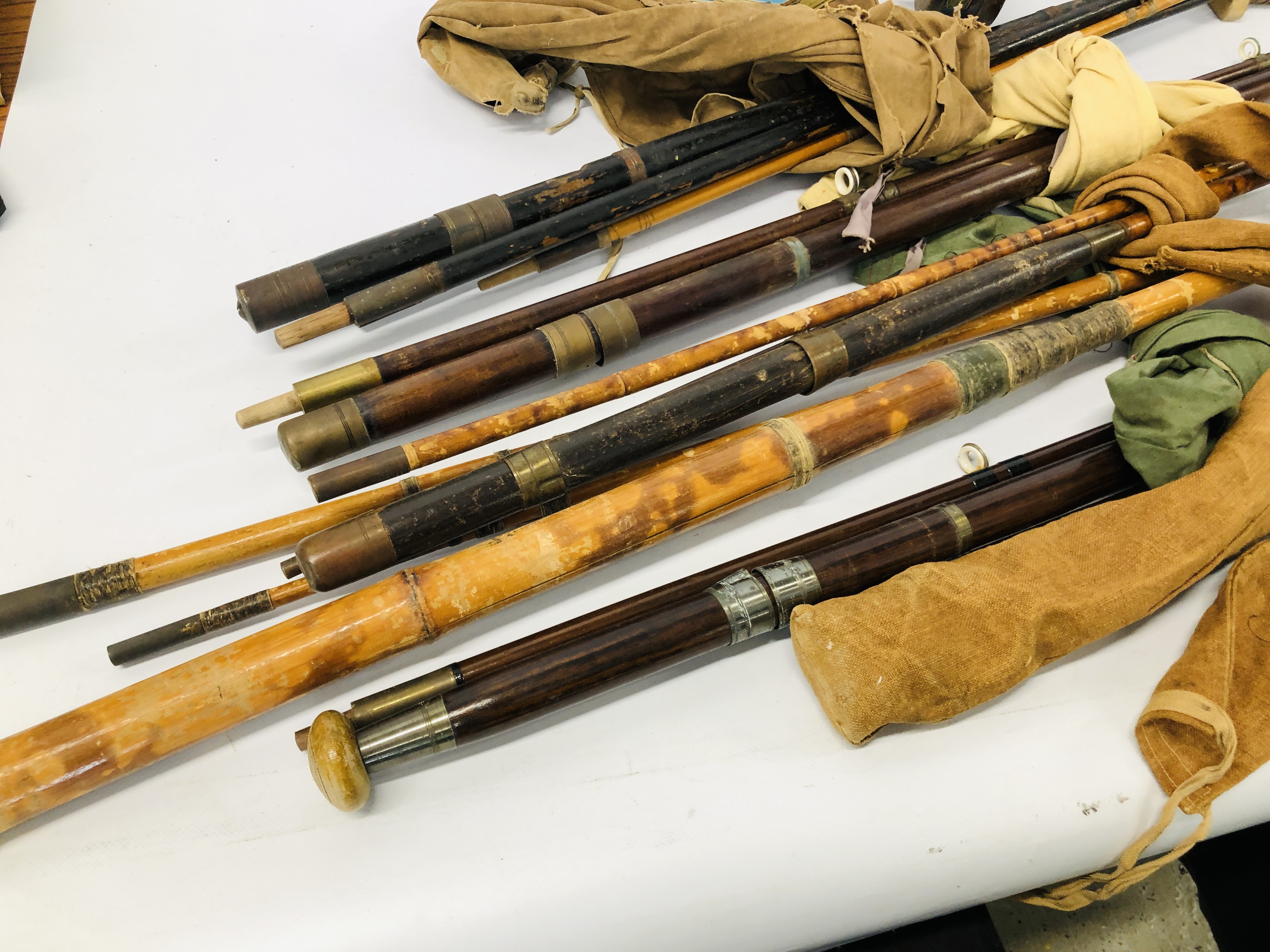 COLLECTION OF 5 X VINTAGE FISHING RODS + BOX OF ASSORTED VINTAGE FISHING REELS AND ACCESSORIES, - Image 8 of 10