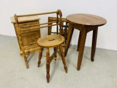 A CHARACTER STOOL WITH OAK OVAL TOP, PINE SINGLE DRAWER BESIDE CABINET, BEECHWOOD TOWEL HORSE,