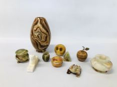 COLLECTION OF ONYX ORNAMENTS AND TRINKET BOXES TO INCLUDE A FROG, OWL AND APPLES,