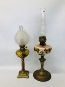 BRASS TWIN BURNER OIL LAMP WITH FLORAL DECORATED OPAQUE GLASS FONT ALONG WITH A FURTHER SINGLE OIL
