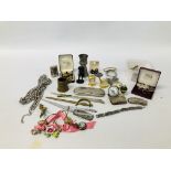BOX OF ASSORTED COLLECTIBLES AND COSTUME JEWELLERY TO INCLUDE MINIATURE CLOCKS,