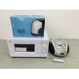 A SAINSBURY MICROWAVE ALONG WITH A EVOLUTION TOASTER AND SONY CD RADIO - SOLD AS SEEN
