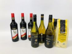 3 X BOTTLES OF HARDYS "CREST" CHARDONNAY + 3 X BOTTLES HARDYS "VR" SHIRAZ + 2 X 454G BAGS OF