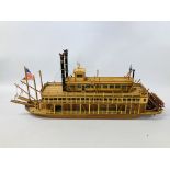 A VINTAGE HAND BUILT WOODEN MODEL OF A STEAM BOAT "KING OF MISSISSIPPI" LENGTH 66CM. HEIGHT 30CM.