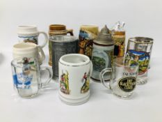 COLLECTION OF ASSORTED GERMAN STEINS TO INCLUDE GLASS AND POTTERY