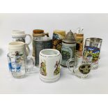 COLLECTION OF ASSORTED GERMAN STEINS TO INCLUDE GLASS AND POTTERY