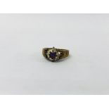 9CT GOLD FLOWERHEAD RING, SET WITH CENTRAL AMETHYST SURMOUNTED BY DIAMONDS.