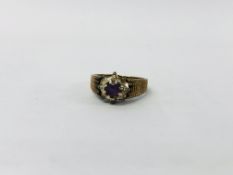 9CT GOLD FLOWERHEAD RING, SET WITH CENTRAL AMETHYST SURMOUNTED BY DIAMONDS.