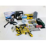 A BOX CONTAINING ASSORTED HAND TOOLS AND ACCESSORIES TO INCLUDE DEWALT CONCEALER GOGGLES,