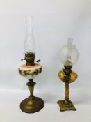 BRASS TWIN BURNER OIL LAMP WITH FLORAL DECORATED OPAQUE GLASS FONT ALONG WITH A FURTHER SINGLE OIL