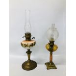 BRASS TWIN BURNER OIL LAMP WITH FLORAL DECORATED OPAQUE GLASS FONT ALONG WITH A FURTHER SINGLE OIL