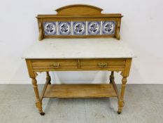VINTAGE WAXED PINE WASH STAND WITH TILED UPSTAND LENGTH 90CM. WIDTH 46.5CM. HEIGHT 106CM.