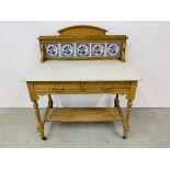 VINTAGE WAXED PINE WASH STAND WITH TILED UPSTAND LENGTH 90CM. WIDTH 46.5CM. HEIGHT 106CM.