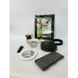 STAINGLASS MIRROR, 2 VINTAGE MOULDS TO INCLUDE ICECREAM AND CANDLE, MAJOLICA STYLE JUG,