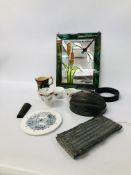 STAINGLASS MIRROR, 2 VINTAGE MOULDS TO INCLUDE ICECREAM AND CANDLE, MAJOLICA STYLE JUG,