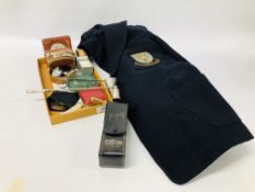 VINTAGE JACKET WITH DISCEDOCE BADGE ALONG WITH VARIOUS COLLECTIBLES TO INCLUDE A STRATTON COMPACT,
