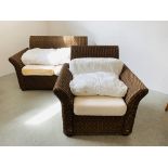 MGM WICKER TWO SEATER SOFA AND MATCHING CHAIR A/F - REQUIRE REPLACEMENT CUSHION COVERS.