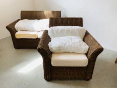 MGM WICKER TWO SEATER SOFA AND MATCHING CHAIR A/F - REQUIRE REPLACEMENT CUSHION COVERS.