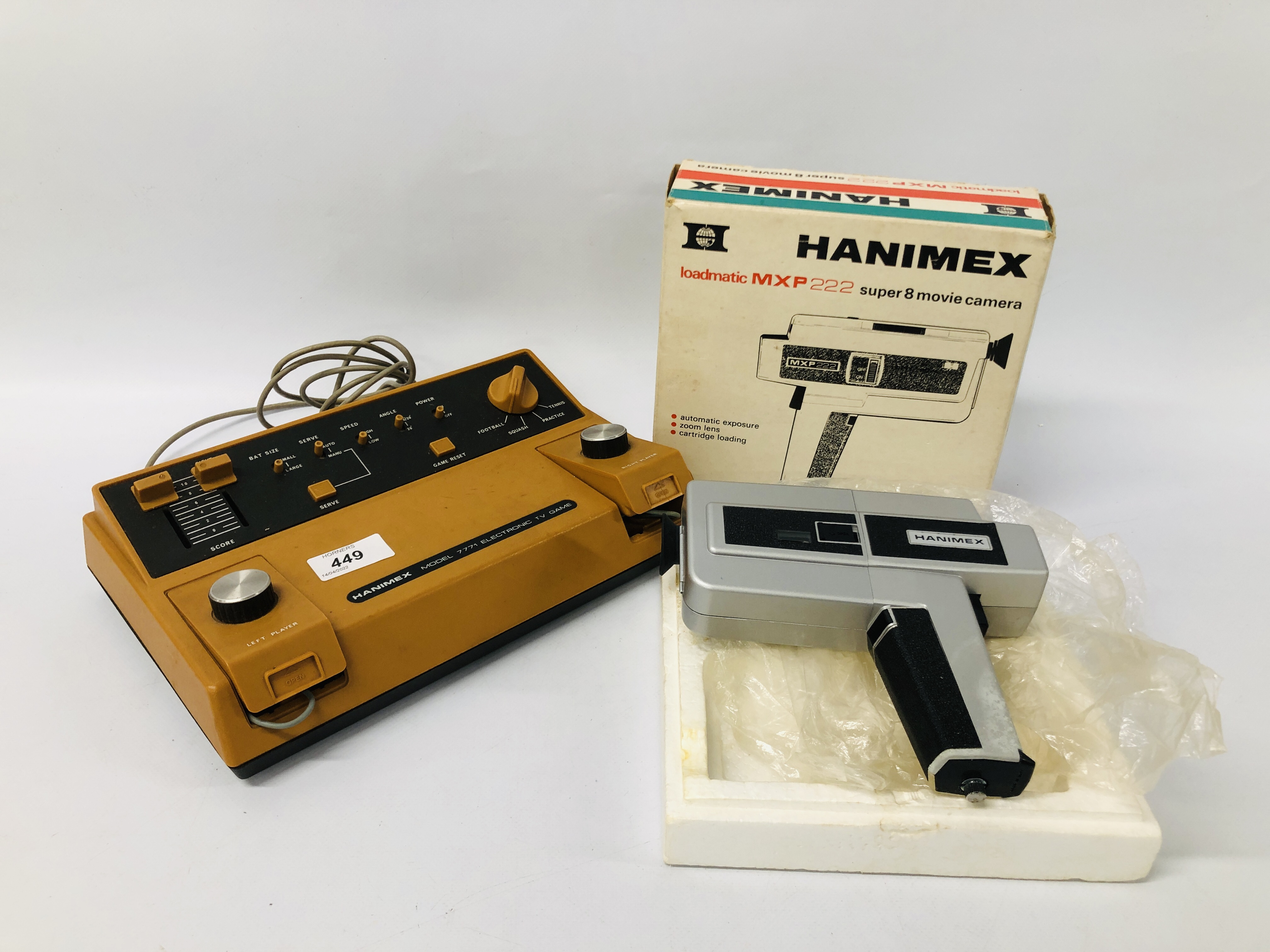A VINTAGE HANIMEX 7771 ELECTRONIC TELEVISION GAME ALONG WITH BOXED HANIMEX LOADMATIC MXP SUPER 8