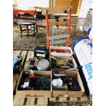 FOUR BOXES OF SHED SUNDRIES TO INCLUDE OZITO BENCH GRINDER, BLACK AND DECKER SANDER,