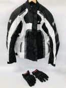 A HWK MOTORSPORTS APPAREL MOTORCYCLE JACKET XX AND A PAIR OF ISLOO XL GLOVES