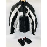 A HWK MOTORSPORTS APPAREL MOTORCYCLE JACKET XX AND A PAIR OF ISLOO XL GLOVES